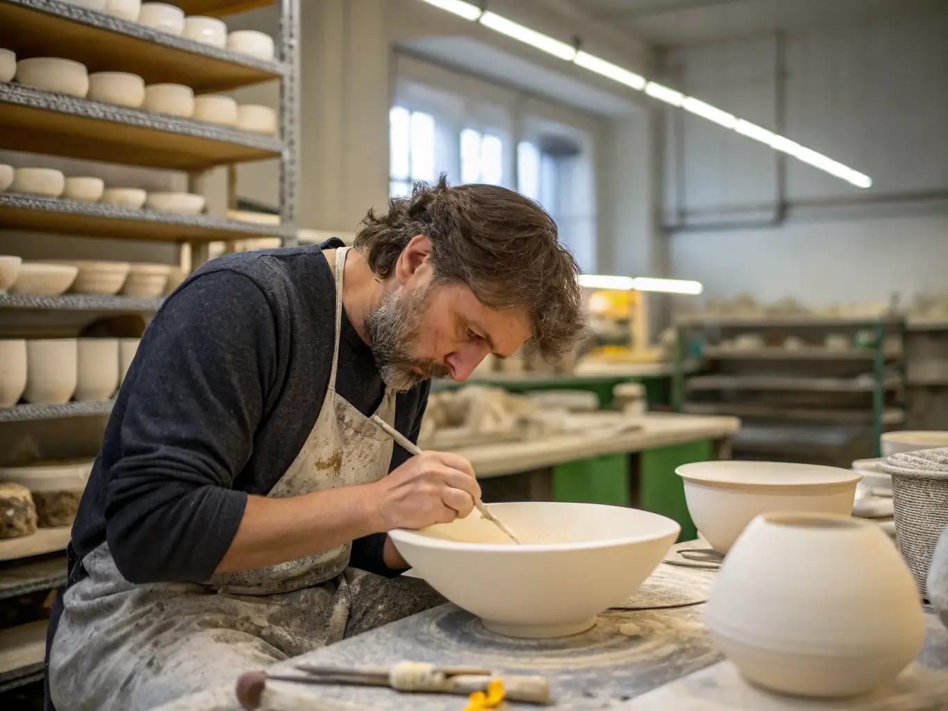 A photograph of participants actively engaged in a hands-on porcelain workshop, demonstrating various techniques and learning from instructors.